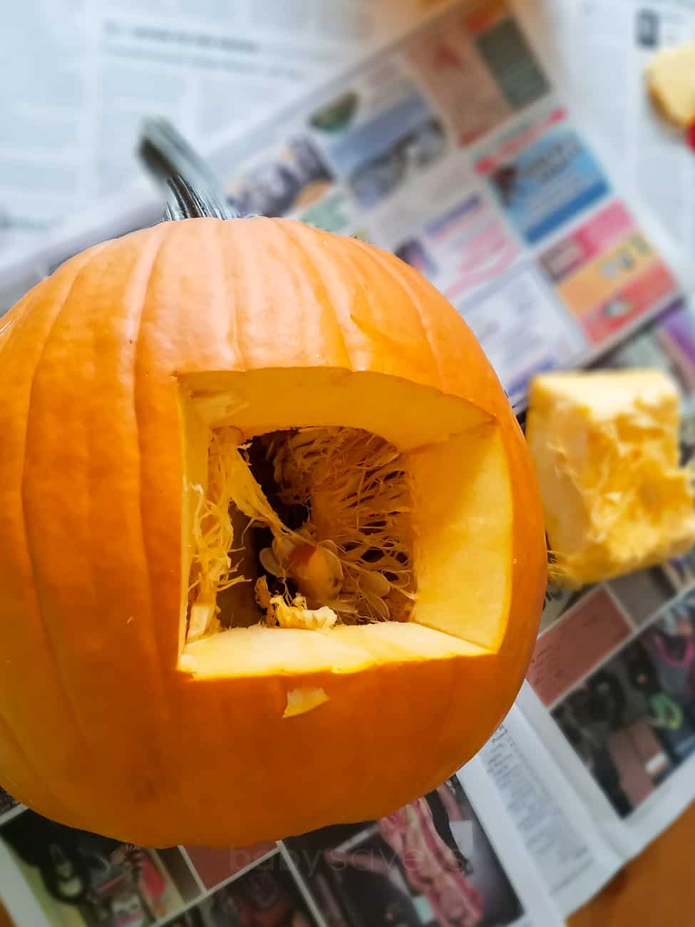 square hole cut out of pumpkin