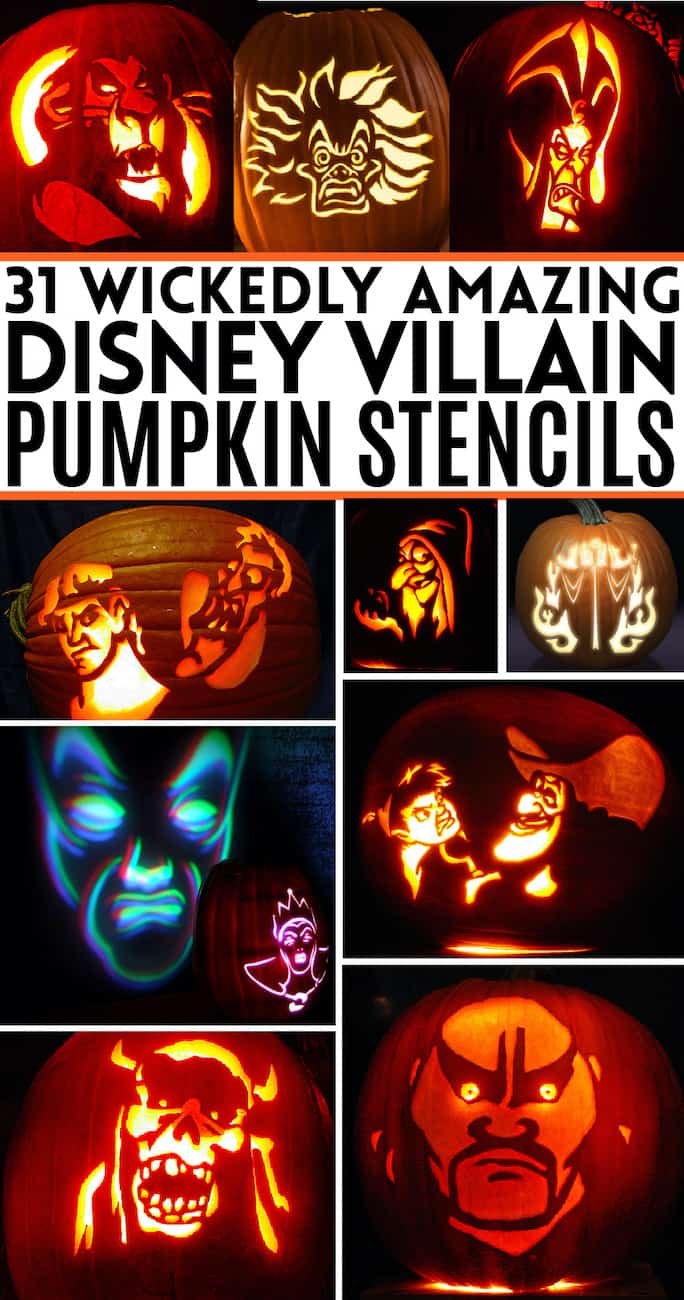 Collage of carved pumpkins made with Disney villain pumpkin stencils