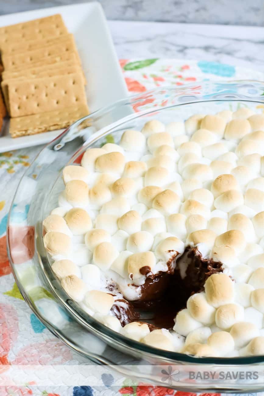 S'mores dip with melted chocolate and toasted marshmallows