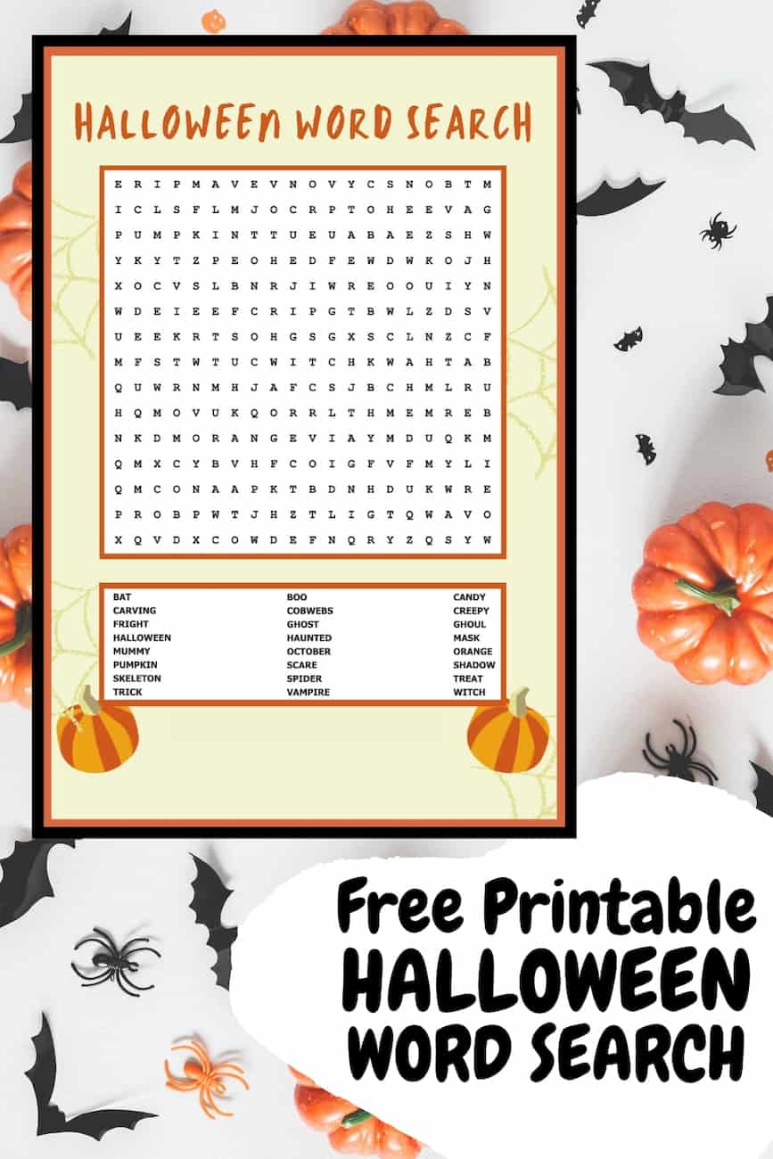 Halloween word search printable on background with bats and pumpkins