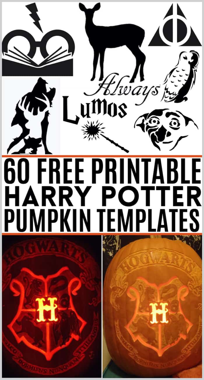 Harry potter pumpkin stencils with the Hogwarts crest, wand, the Deathly Hallows, Hedwig the owl, a patronus, Dobby and others.