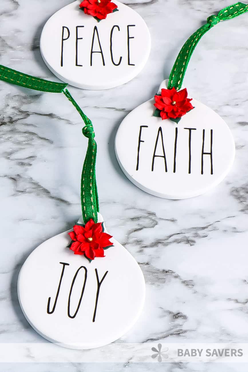 Homemade Rae-Dunn ornaments with Peace, Faith and Joy 