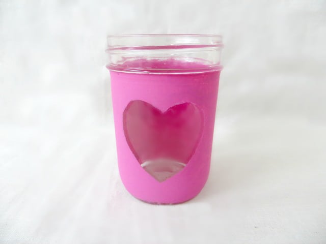 Mason jar with heart stenciled on it for teacher valentine gift