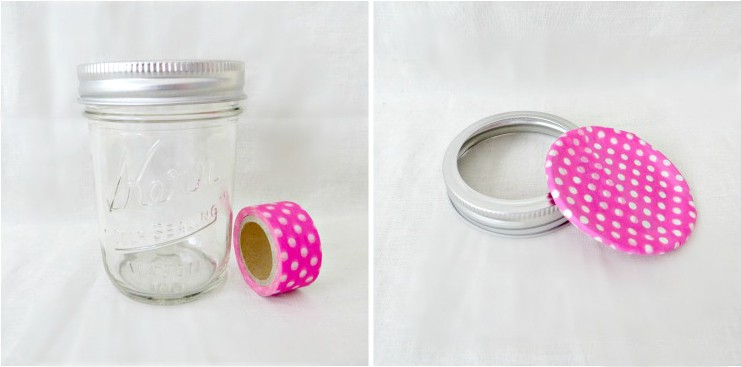 Clear mason jar with roll of pink polka dot washi tape