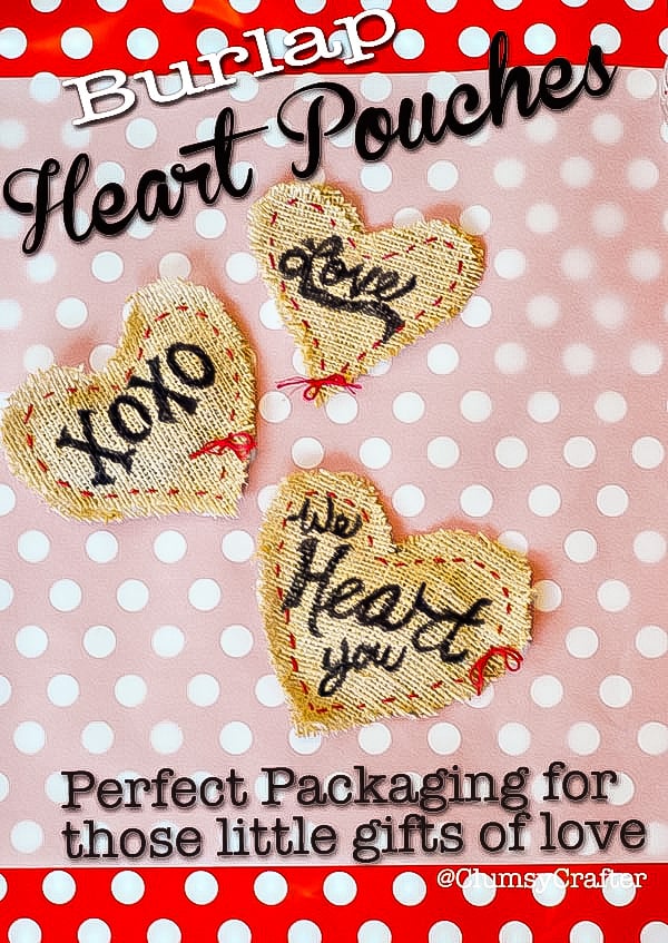 Burlap heart pouches on a pink and white polka dot background