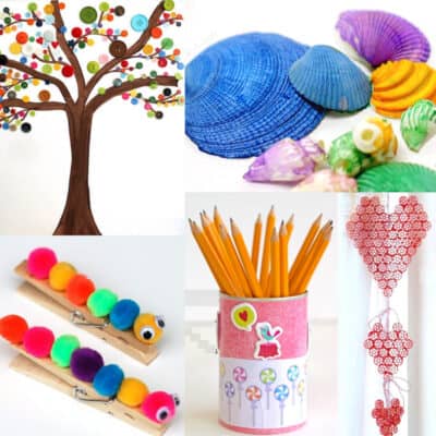 cheap crafts for kids with seashells, button crafts, pom poms, decoupage and pasta