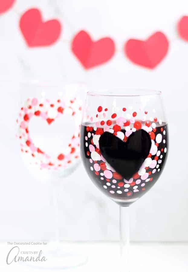 Valentine's Day wine glasses painted  pink, red and white