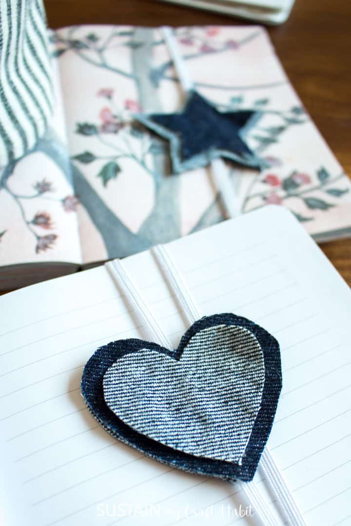 heart banded bookmark made from denim