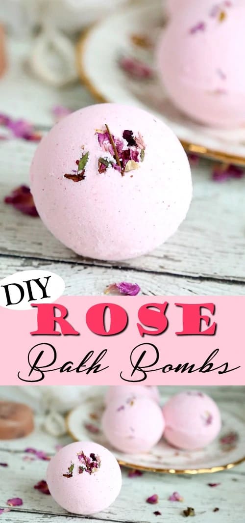 DIY pink bath bomb with herbs and rose petals