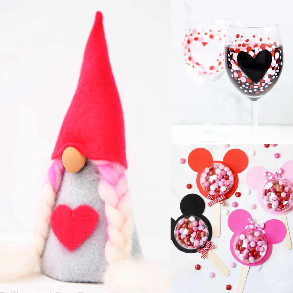 Valentine’s Day DIY Gift Ideas including a gnome, painted wine glasses and Disney treats
