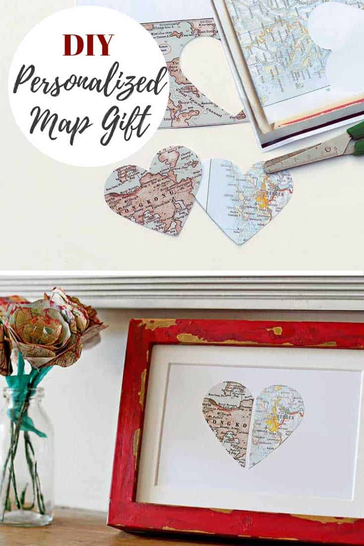 DIY personalized map gift with heart cutouts