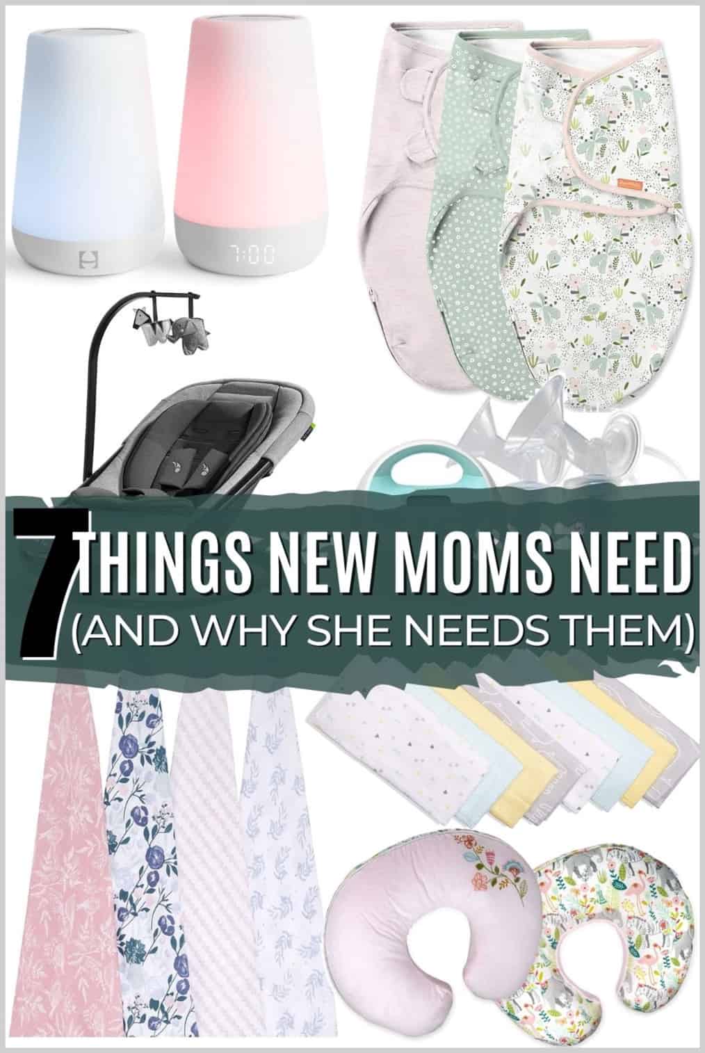 Things new moms need with swaddle blankets, baby chair, white noise machine, nursing pillows and burp cloths.