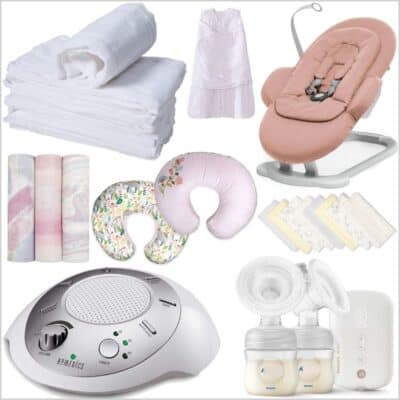 things new moms need collage with burp cloths, swaddle blankets, nursing pillows and other essential items