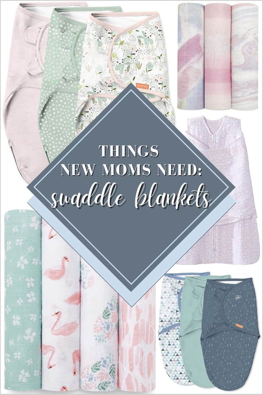 assorted swaddle blankets in shades of pink, grey and green are things mom needs for a new baby