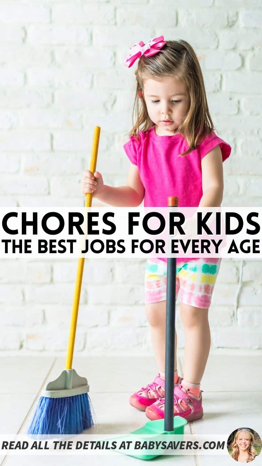 Chores for kids - the best jobs for every age text over young girl sweeping and holding a dustpan