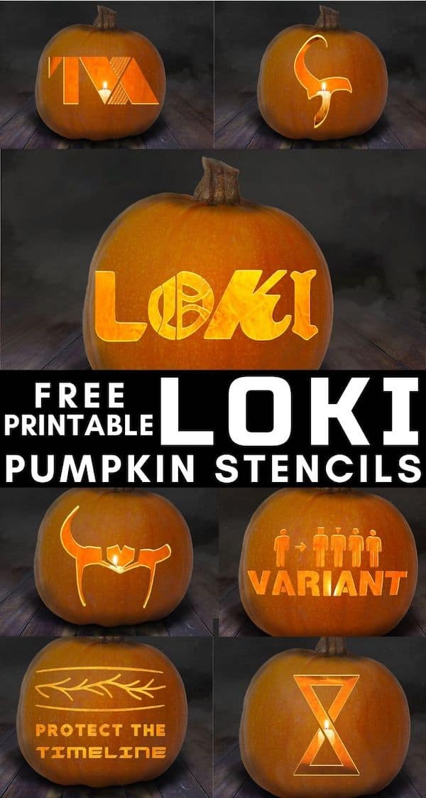 Loki pumpkin stencils collage with logos, the horned helmet, Sylvie's broken headpiece, Variant, Protect the Timeline and the Time Variance Authority's infinity symbol