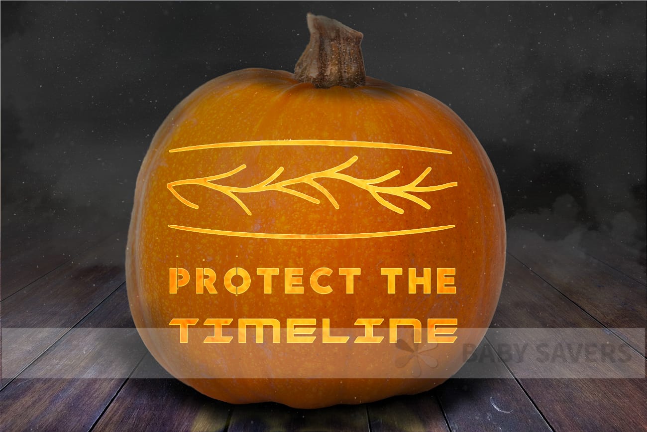 Loki pumpkin stencil with an image of the sacred timeline and text: protect the timeline carved into a pumpkin