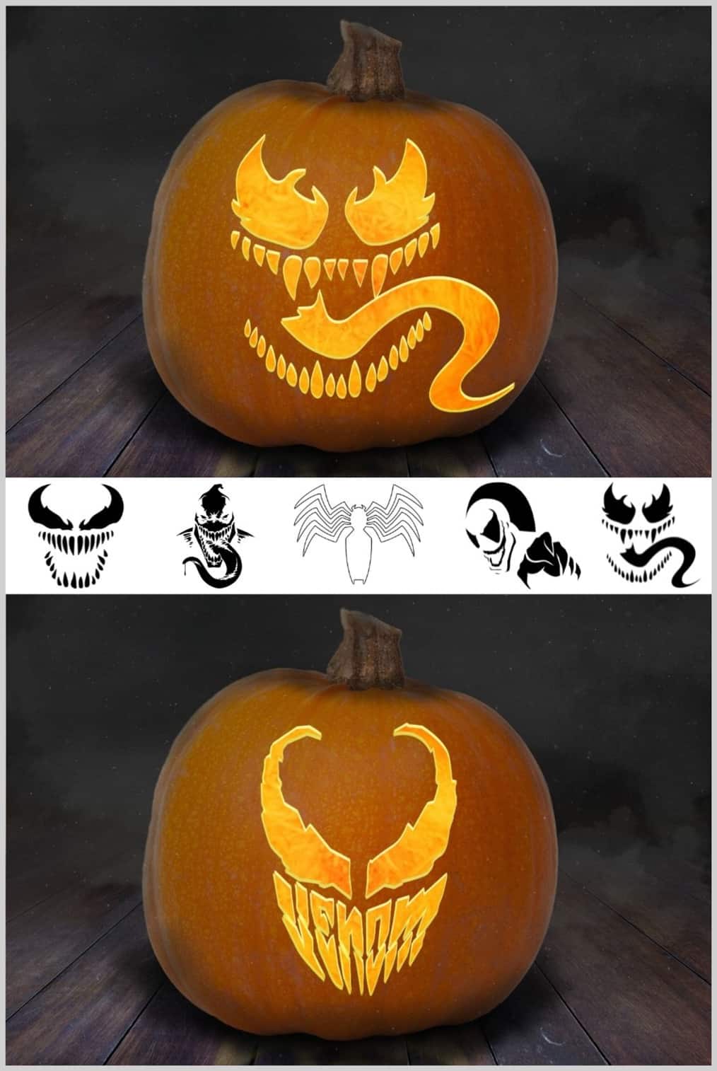 venom pumpkin carving stencils carved into two orange pumpkins