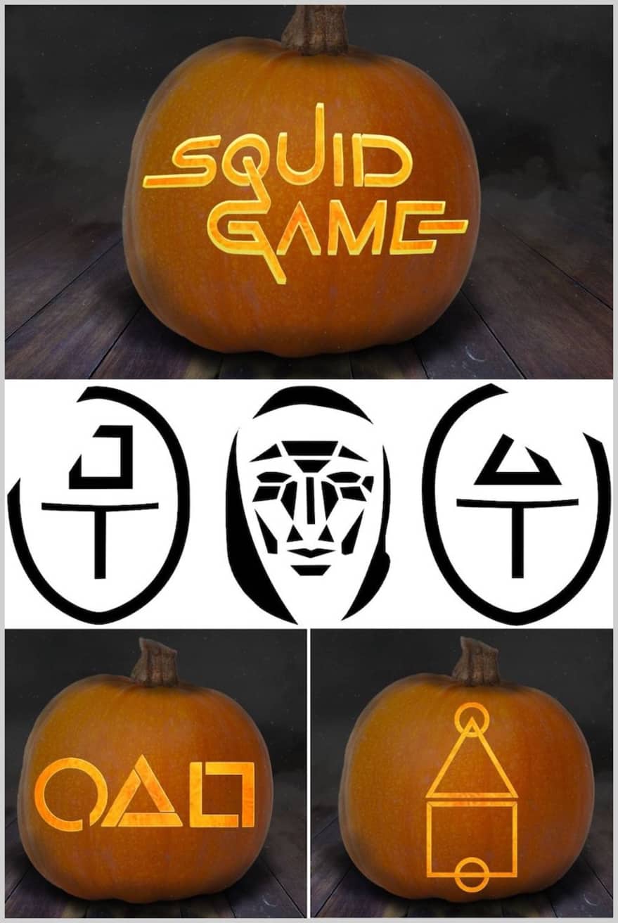 Squid game pumpkin carving stencils with logo, masks, symbols, the court, the circle, triangle square images and more.