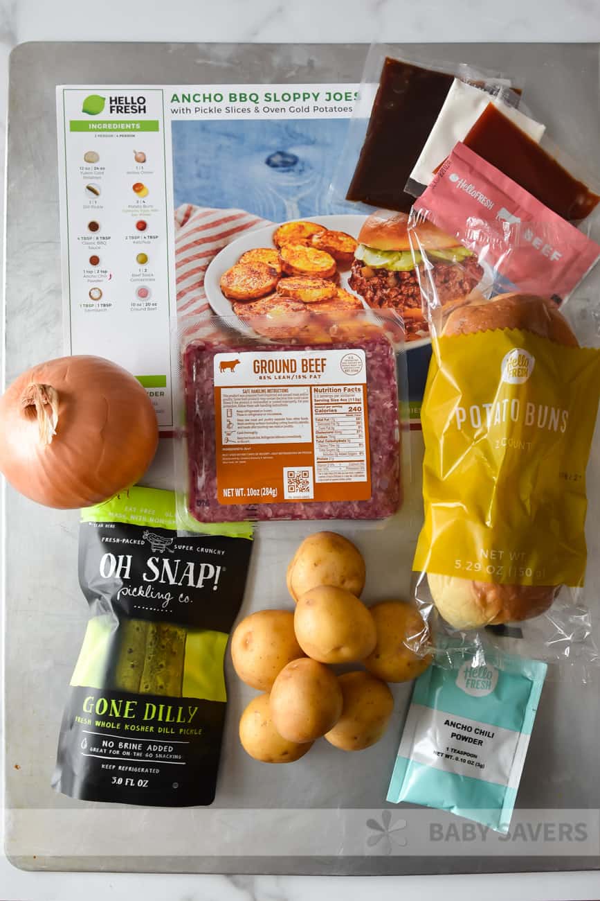 Hello Kit reviews - recipe card and ingredients for one of the meals in the  meal delivery service box - the Ancho BBQ sloppy joes