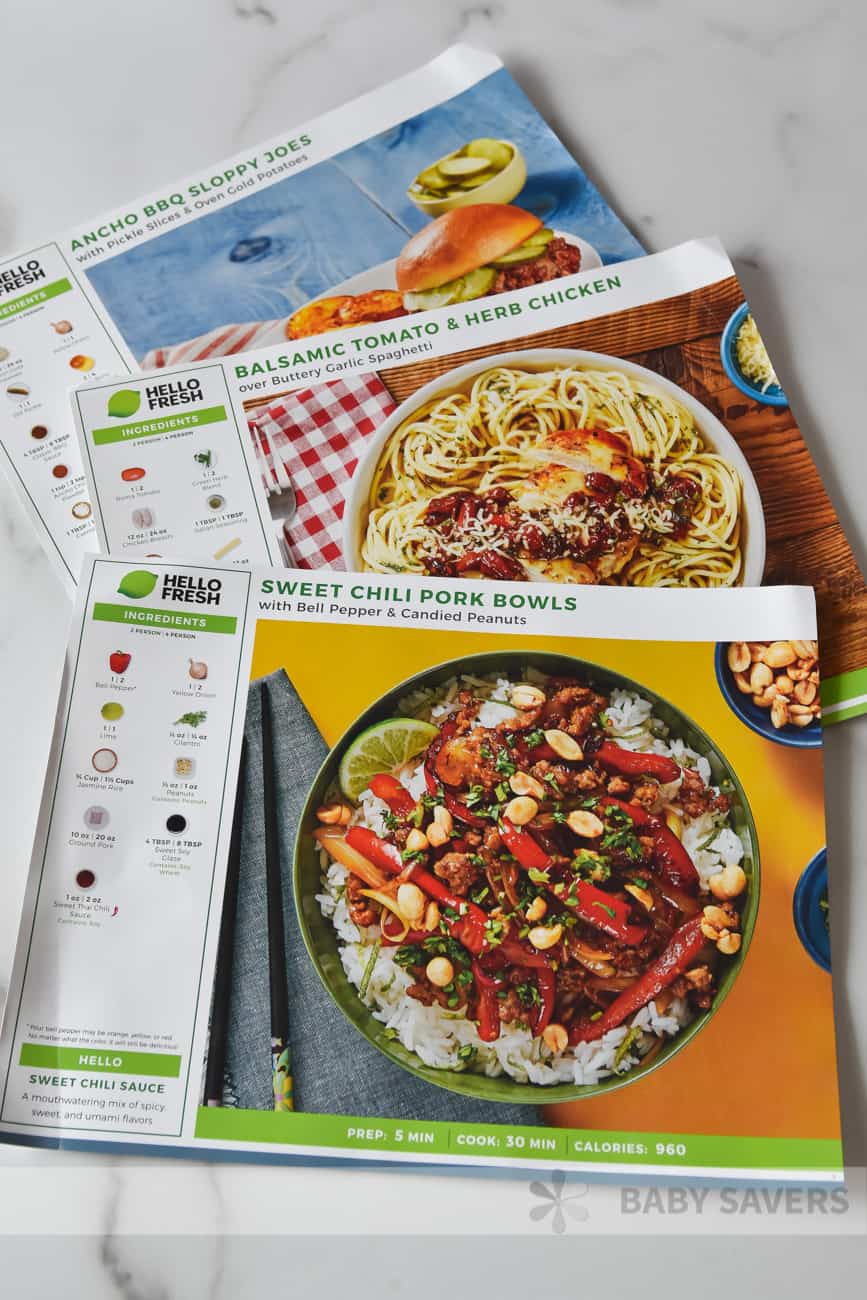 Hello Fresh reviews - recipe cards that came with three of the meals in the meal kit delivery. Ancho BBQ sloppy joes, balsamic tomato and herb chicken and sweet chili pork bowls.