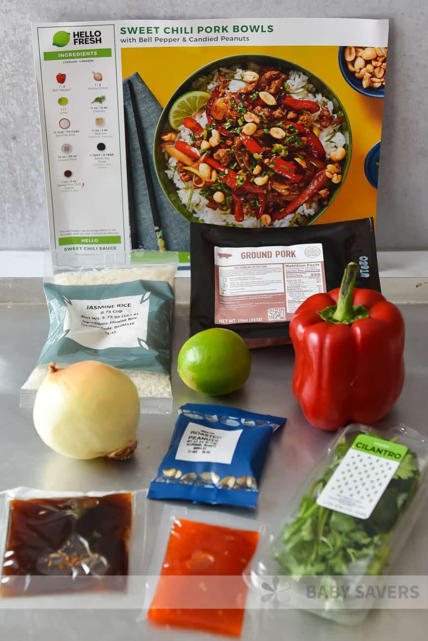 Hello Kit reviews - recipe card and ingredients for one of the meals in the  meal delivery service box - the sweet chili pork bowls.