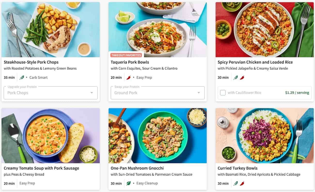 Hello Fresh reviews - six different meal recipe options including healthy choices, calorie smart, carb smart and vegetarian.