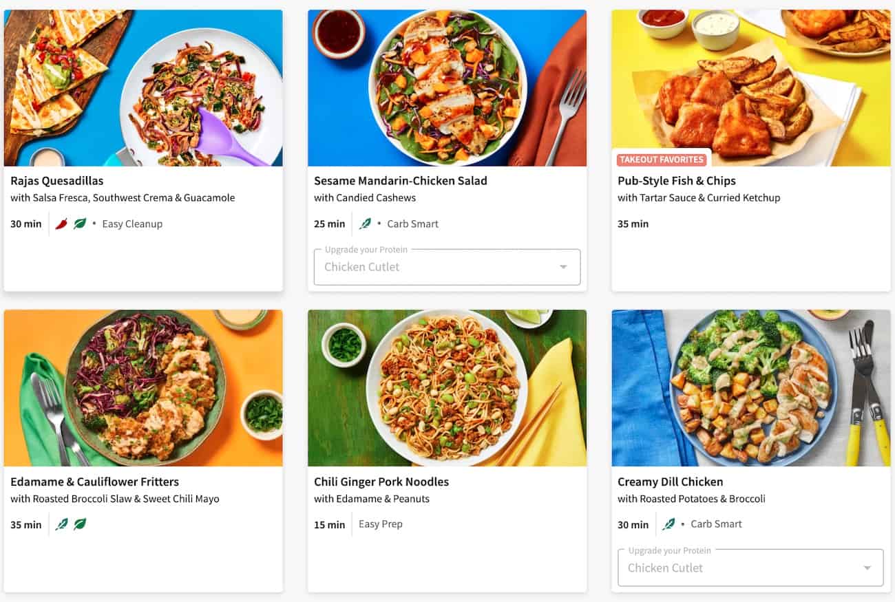 Hello Fresh reviews - six different meal recipe options including healthy choices, calorie smart, carb smart and vegetarian recipes