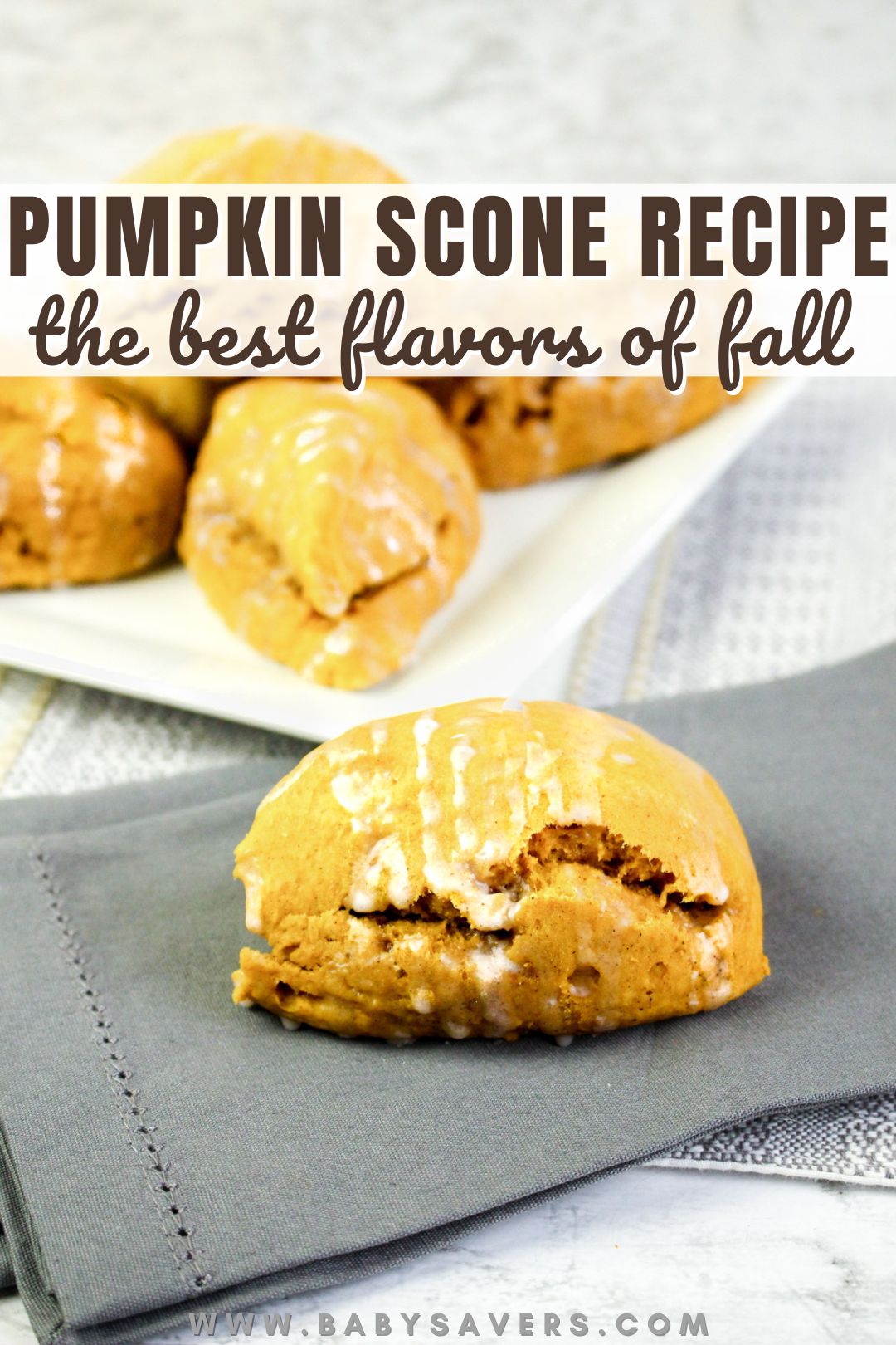 pumpkin scone recipe with text overlay reading pumpkin scone recipe, the best flavors of fall