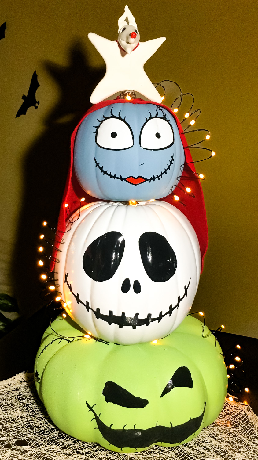 stacked jack skellington pumpkin with Sally and oogie boogie