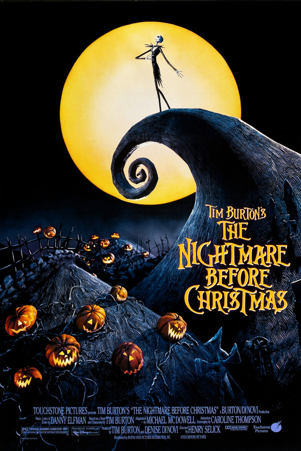 The Nightmare Before Christmas official movie poster featuring Jack Skellington singing on Spiral Hill with the moon in the background and pumpkins below