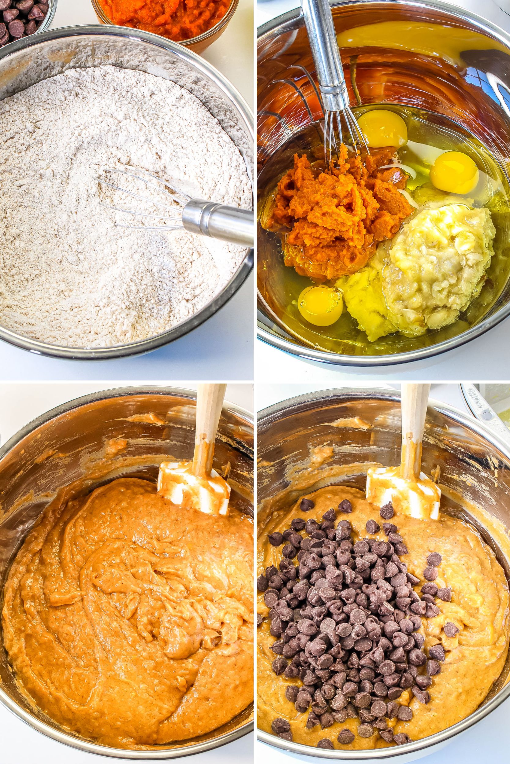 pumpkin chocolate chip bread collage with step by step images of directions