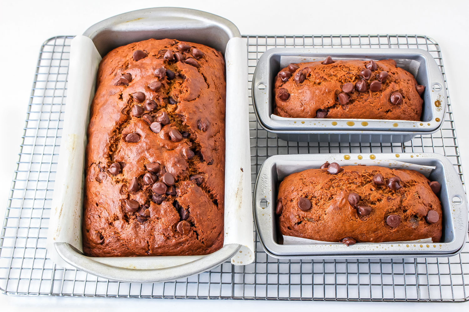 pumpkin chocolate chip bread - 3 loaves cooling on a wire rack