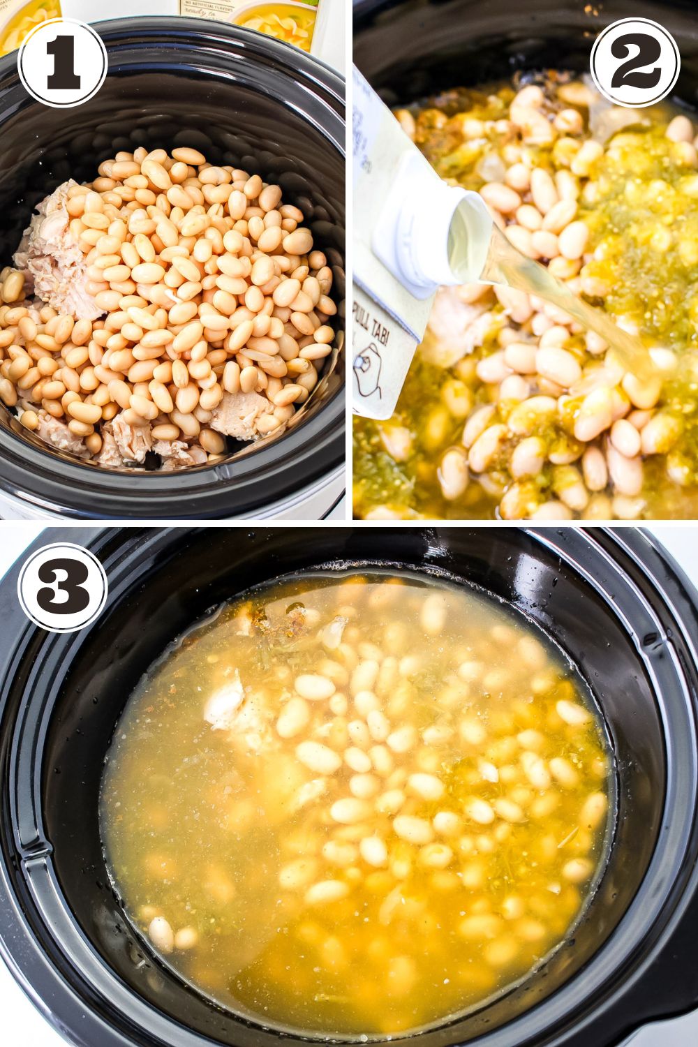 white bean chicken chili recipe step by step instructions image collage with 3 steps