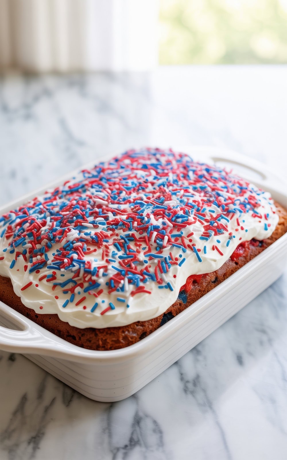 A rectangular patriotic poke cake in a white baking dish topped with white frosting and red, white, and blue sprinkles sits on a marble surface—an ideal treat for Fourth of July recipes—with a blurred window in the background.