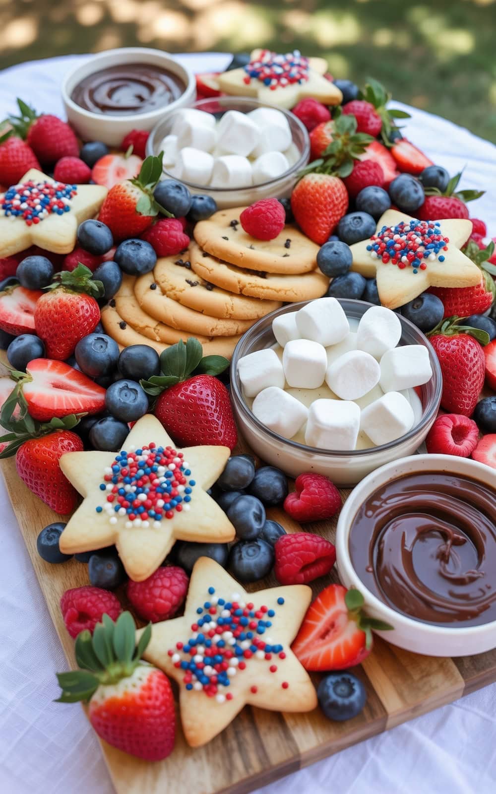 A festive dessert board inspired by Fourth of July recipes features star-shaped cookies with red, white, and blue sprinkles, marshmallows, strawberries, blueberries, and bowls of chocolate sauce on a wooden tray outdoors.