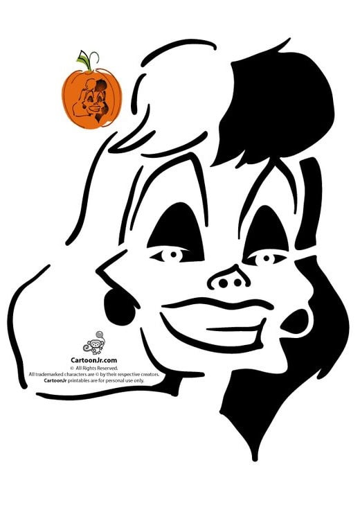 A black and white cruella de ville pumpkin stencil of a woman with half dark and half light hair accompanies a cartoon pumpkin, its carved face reminiscent of classic Disney villain pumpkin stencils, positioned in the top left corner.