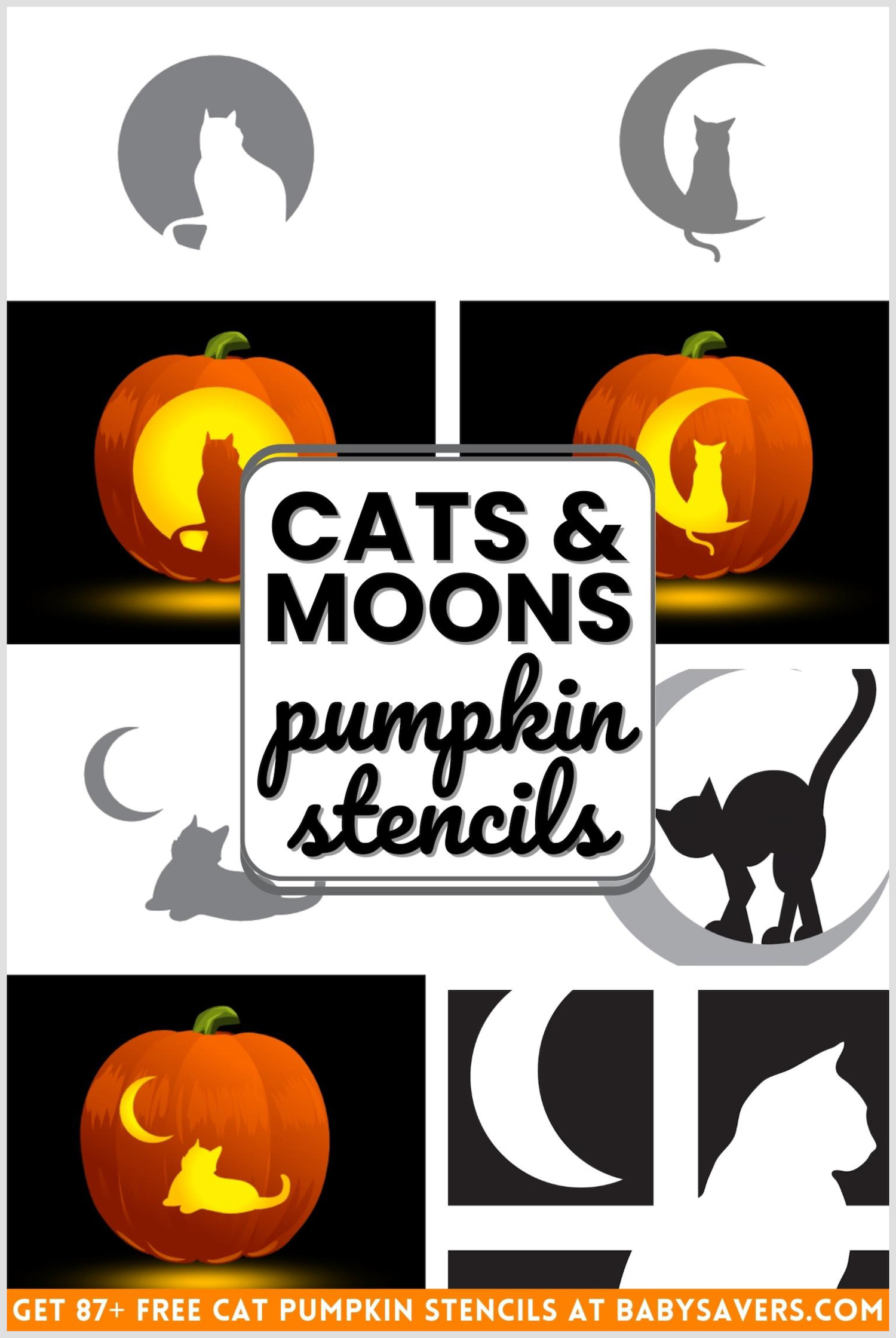 collage of cat pumpkin stencils all with moons. Text overlay reading Cats & Moons pumpkin stencils.