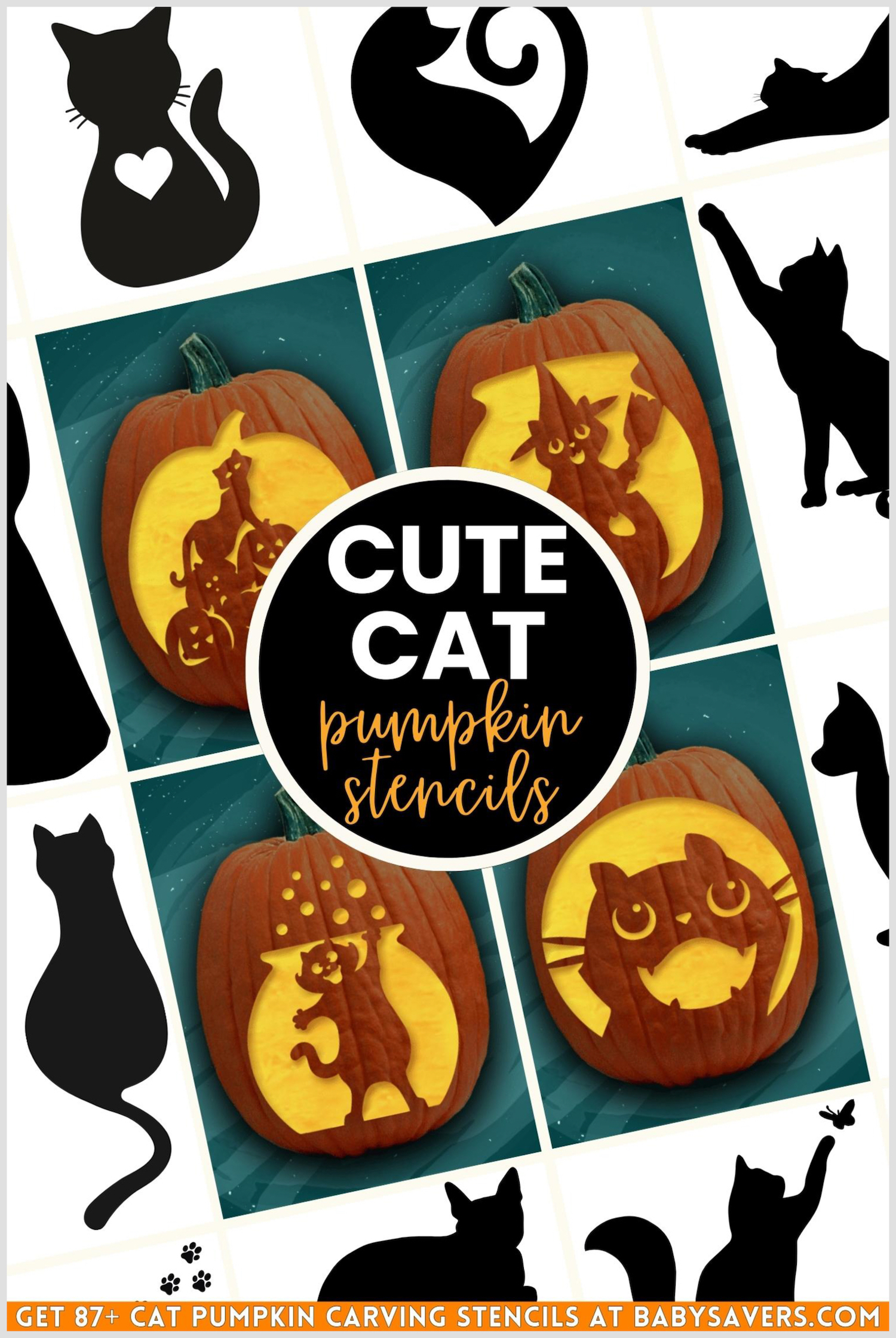 cute cat pumpkin carving stencils collage with 4 cat jack o lanterns and several black and white cat templates
