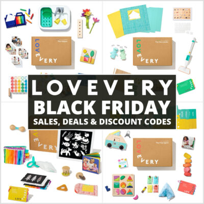 Collage of Lovevery products with a central box reading "LOVEVERY BLACK FRIDAY SALES, DEALS & DISCOUNT CODES." Toys and educational items for children are artistically arranged, creating an enticing display for the Lovevery Black Friday specials.
