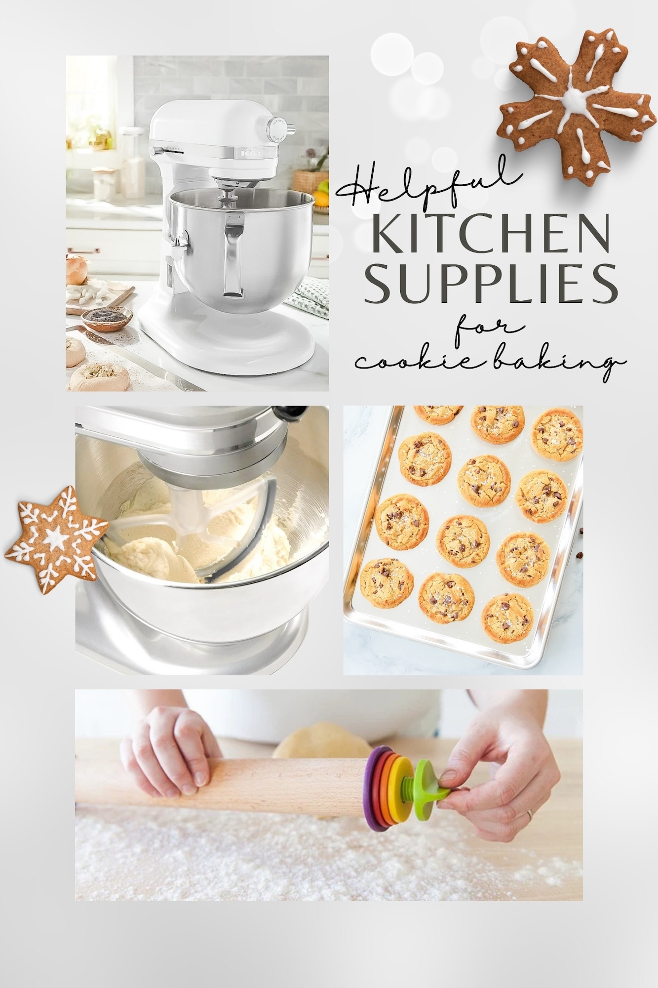 gingerbread cookie recipe with graphic showing helpful kitchen supplies for gingerbread cookie baking