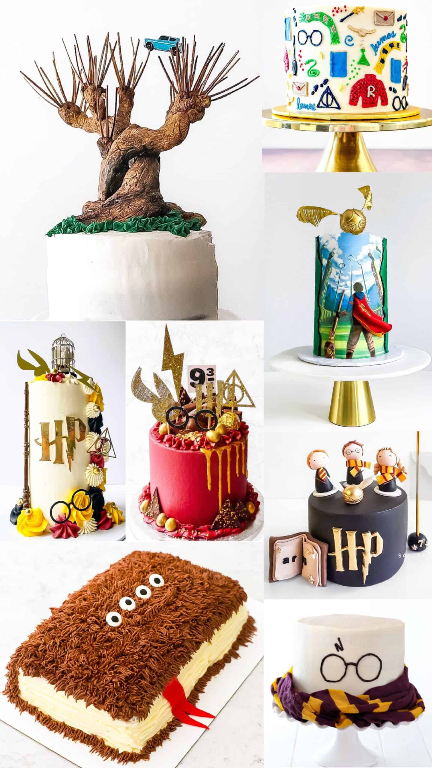 Harry potter cake ideas collage with the monster book of monsters, a black cake with Harry, ron and Hermione, A Whomping Willow cake and more