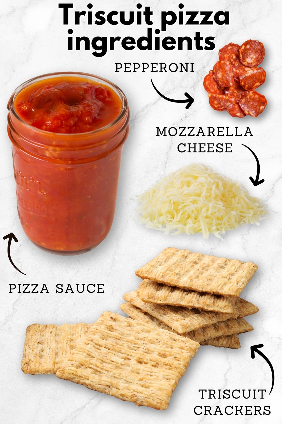 triscuit pizza ingredients with pizza sauce, shredded cheese, triscuit crackers and sliced pepperoni