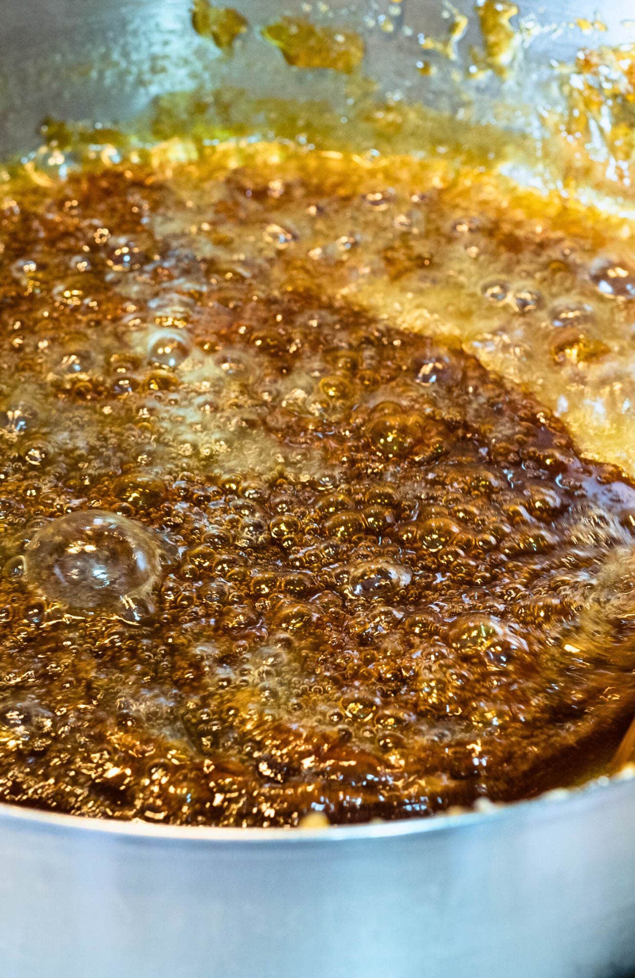 Melted butter and brown sugar boiling in stock pot