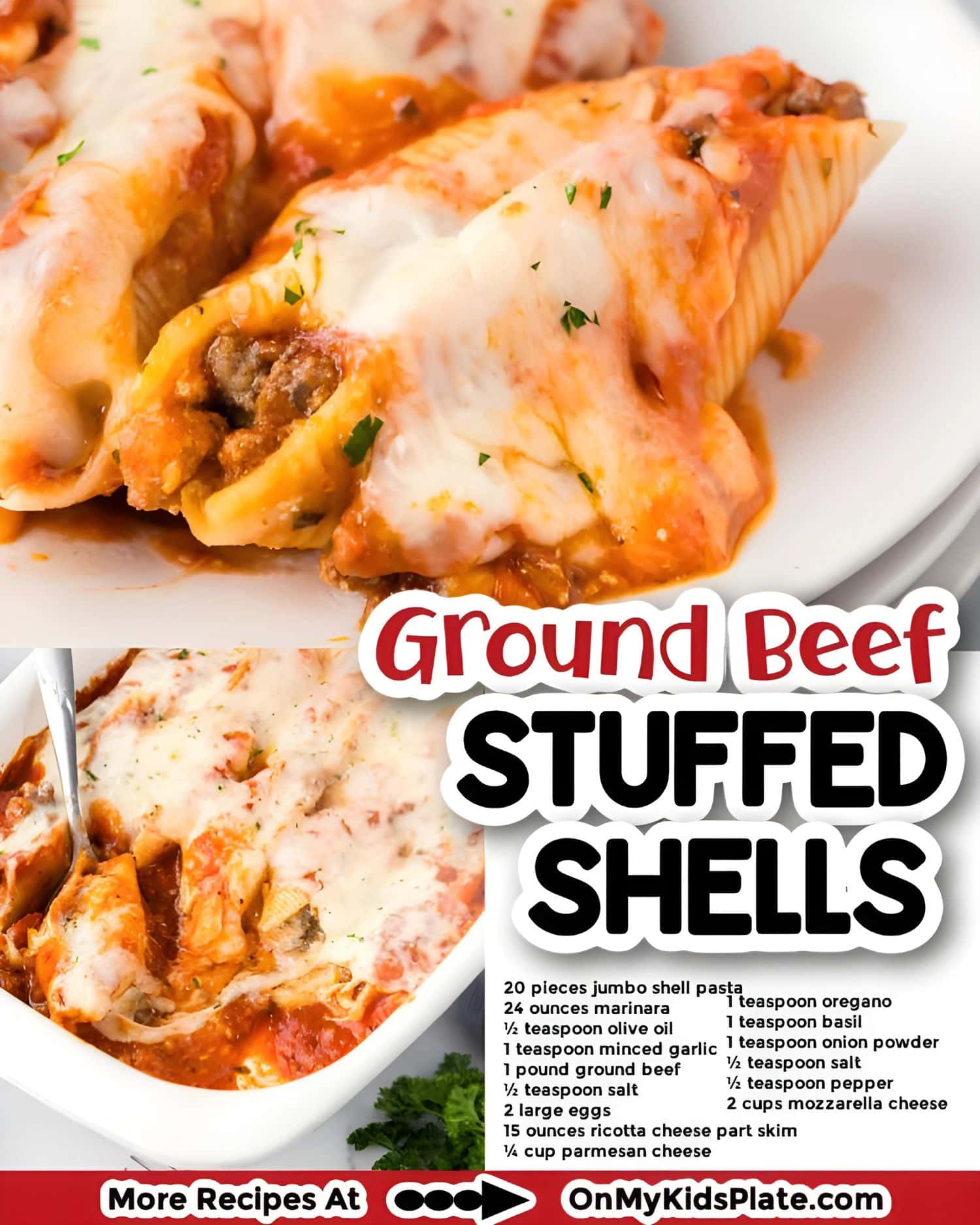 An appealing image of baked stuffed shells with ground beef and melted cheese, garnished with herbs. A recipe list and the text 