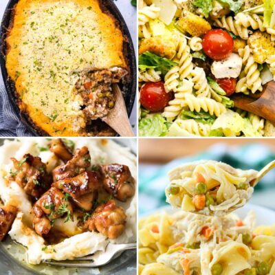 A collage of four dinner ideas: a baked shepherd pie in a dish, pasta salad with vegetables and cheese, chicken and sauce over mashed potatoes, and a fork lifting vegetables with pasta from a bowl.