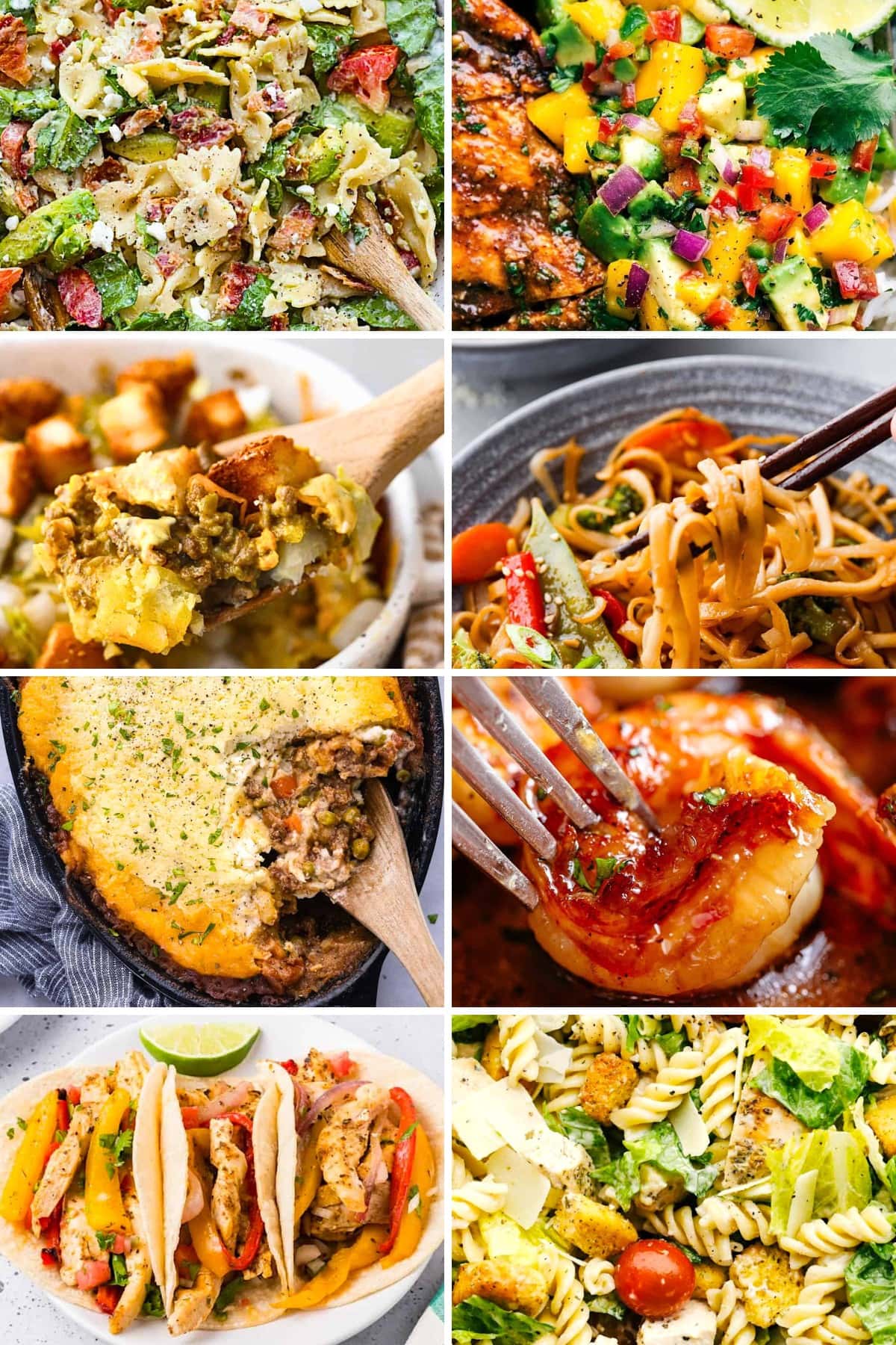 A collage of 8 easy dinner ideas: pasta salad, chicken with cilantro and mango, a wooden spoon lifting big mac casserole, chopsticks with asian noodles, shepherd pie, shrimp, chicken fajitas and blt caesar salad.