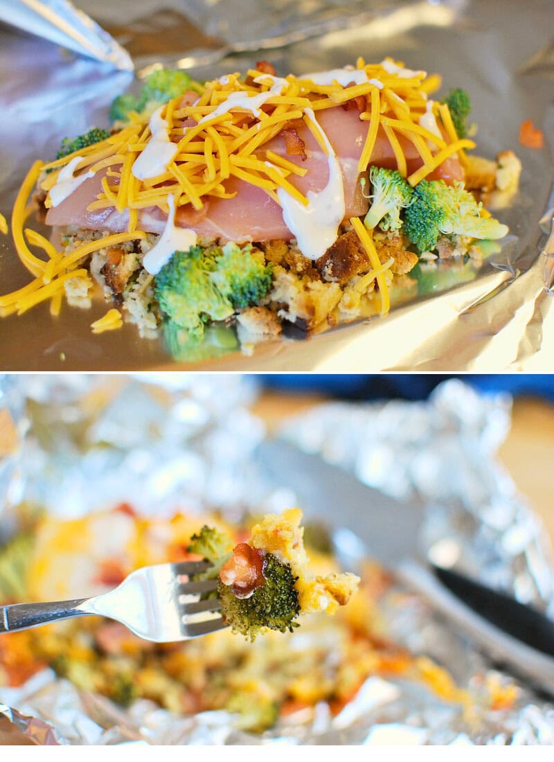 Top image shows a baking dish with a chicken and broccoli casserole topped with melted cheddar cheese, perfect for busy families. The bottom image features a fork holding a bite of the c
