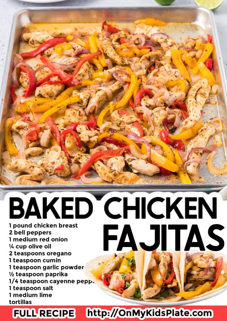A colorful image of a baking sheet with spicy baked chicken fajitas, including ingredients like chicken, bell peppers, and spices, topped with bold text announcing the dish as one of the easy dinner ideas