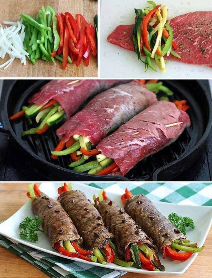 Three-step image displaying easy dinner ideas through the preparation of stuffed beef rolls: top shows sliced onions and bell peppers next to raw beef; middle presents the rolls being cooked in a pan; bottom